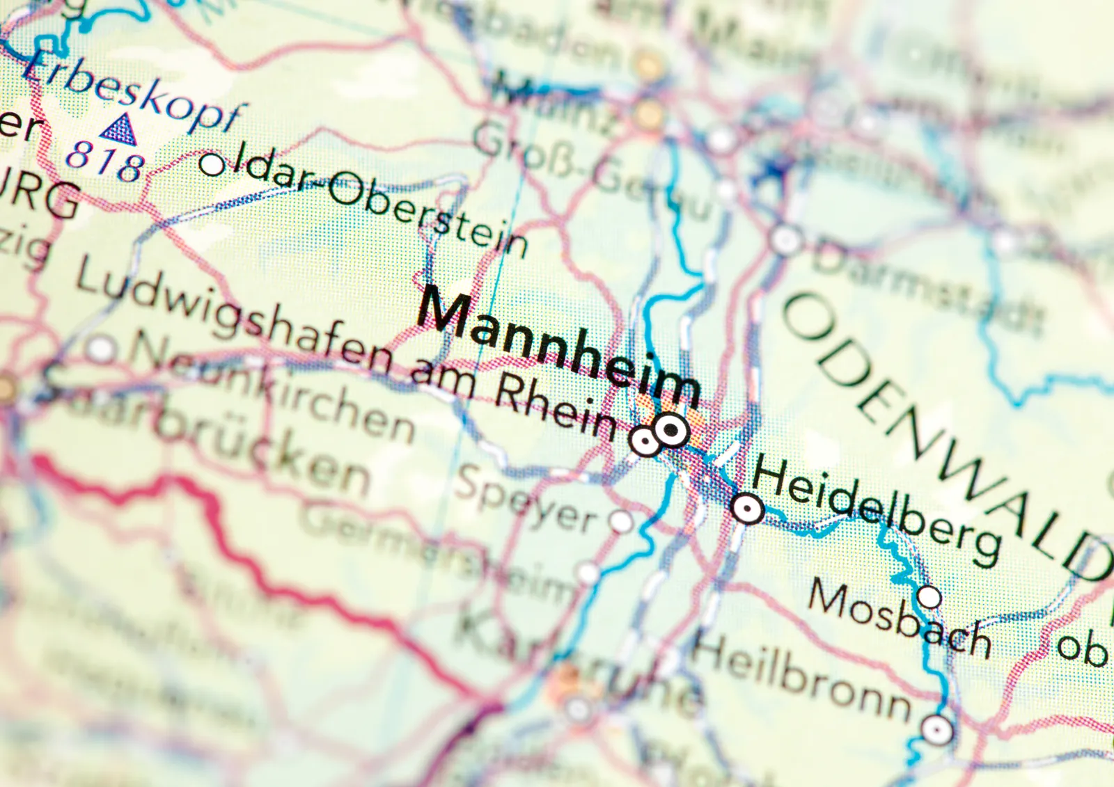 Landkarte mit Mannheim, Heidelberg und Odenwald