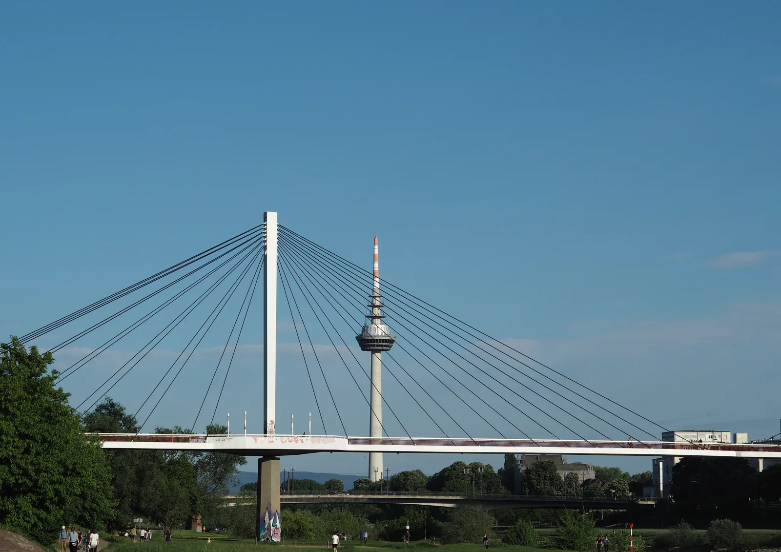 Fußgängerbrücke über den Neckar mit dem Mannheimer Fernmeldeturm im Hintergrund